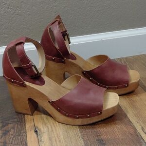 Lucky Brand Red-Brown Leather Platform Boho Chic Mules 8.5